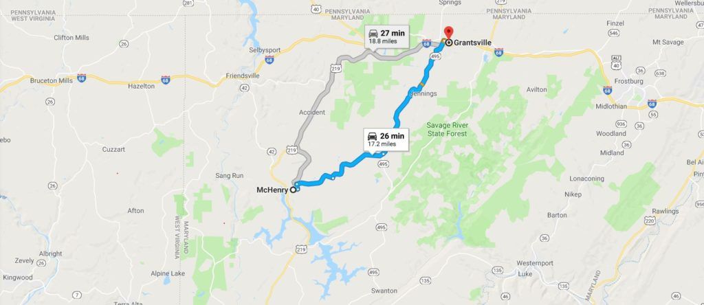 Map from Deep Creek Lake to Grantsville